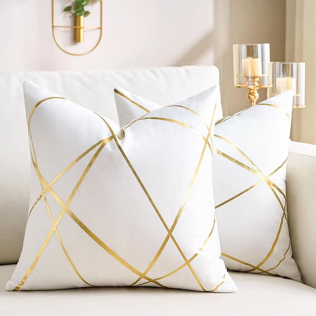 White Velvet Cushion Cover, Golden Geometry