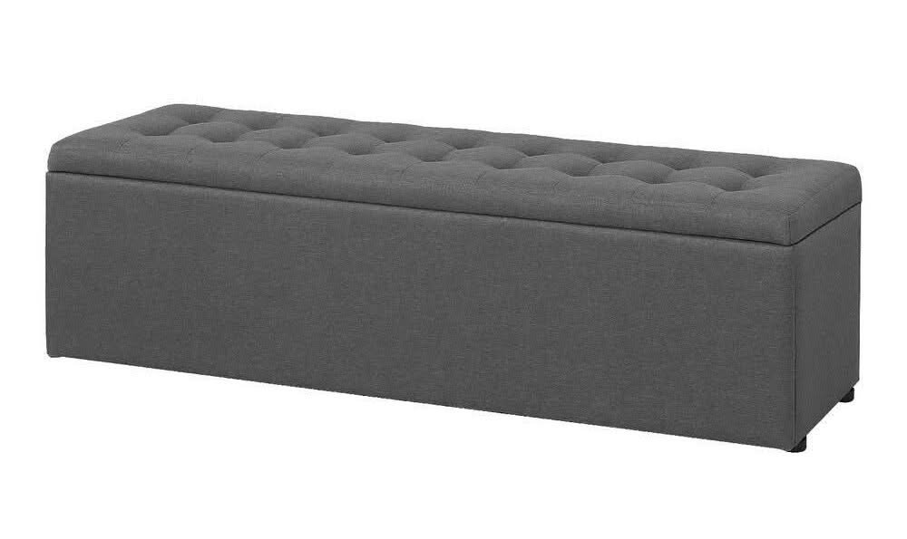 Dark grey linen blanket box with hinged lid, 140cm two-seat bench