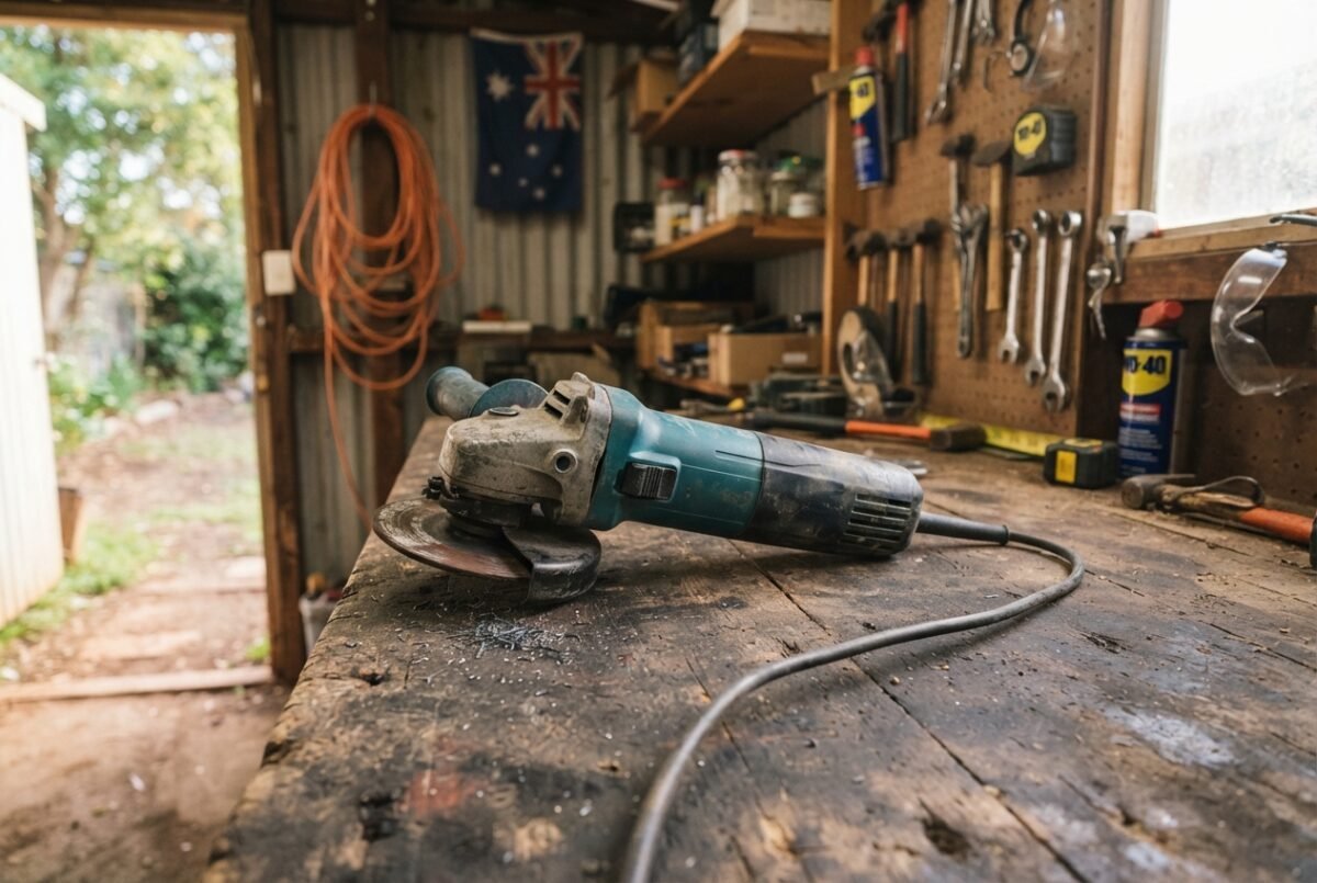 An unbranded angle grinder on a wooden workbench representing the best angle grinders australia for DIY projects.