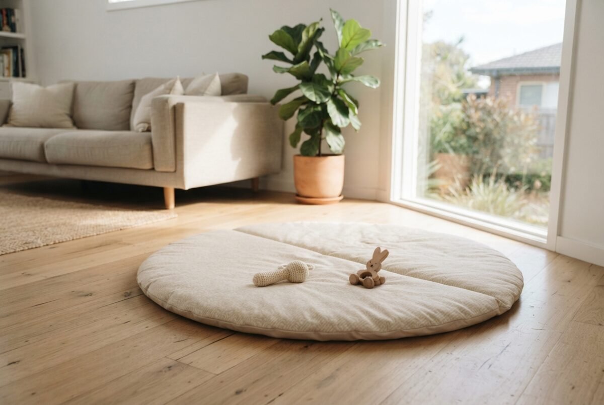 A neutral cushioned baby play mat laid out on a wooden floor in a bright Australian home living room.