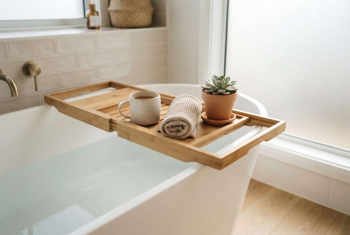 A wooden best bath caddy australia set across a white bathtub with a mug and towel in a bright bathroom