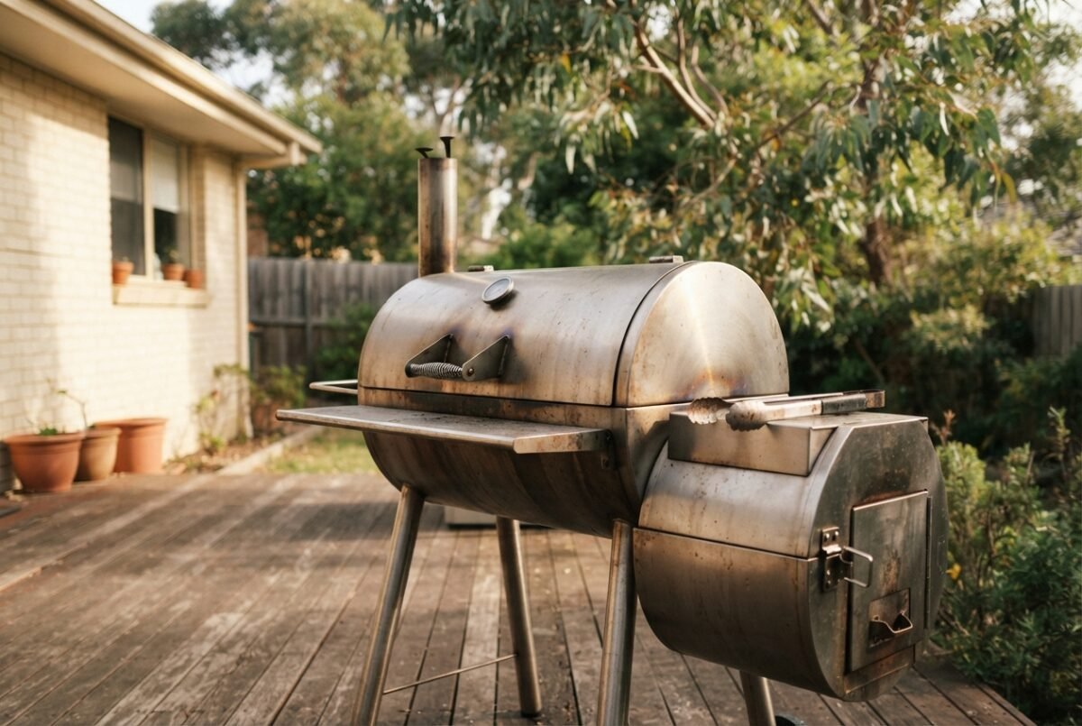 A stainless steel BBQ smoker set up on a backyard deck in Australia representing the best bbq smokers australia.