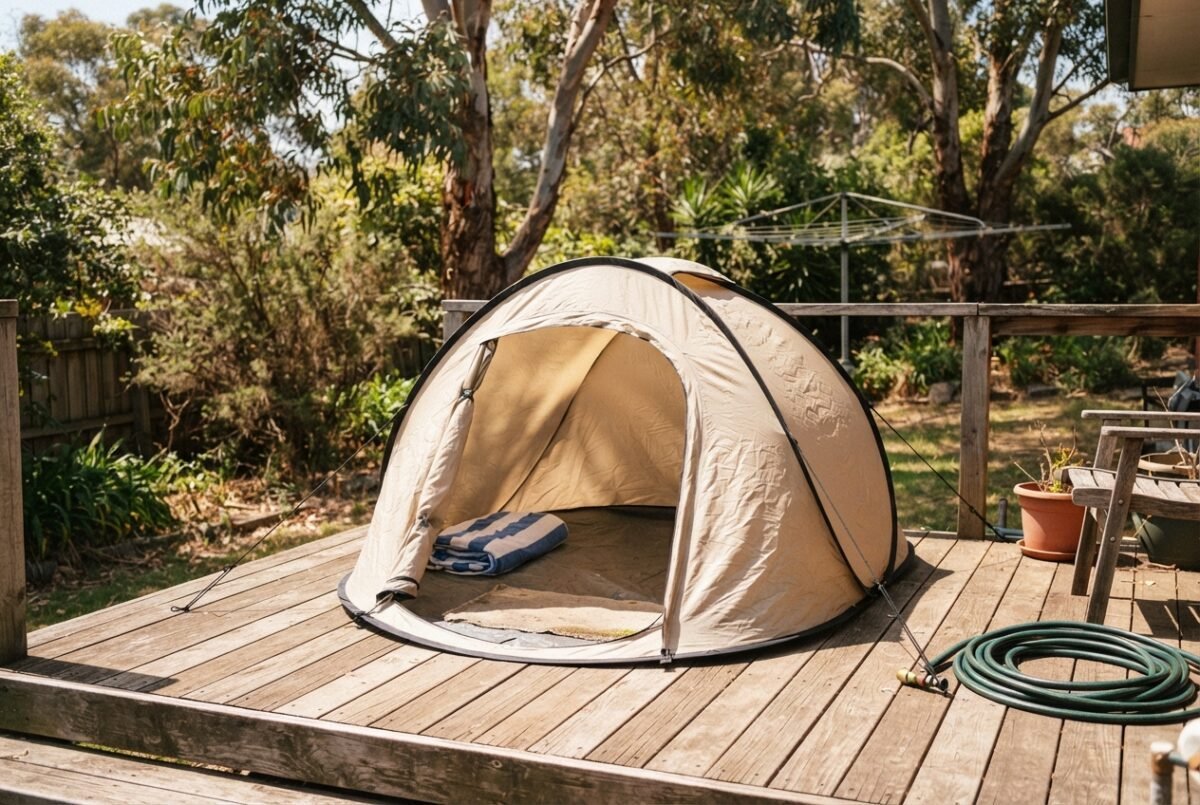 Unbranded pop-up beach tent set up for testing in a sunny Australian backyard.
