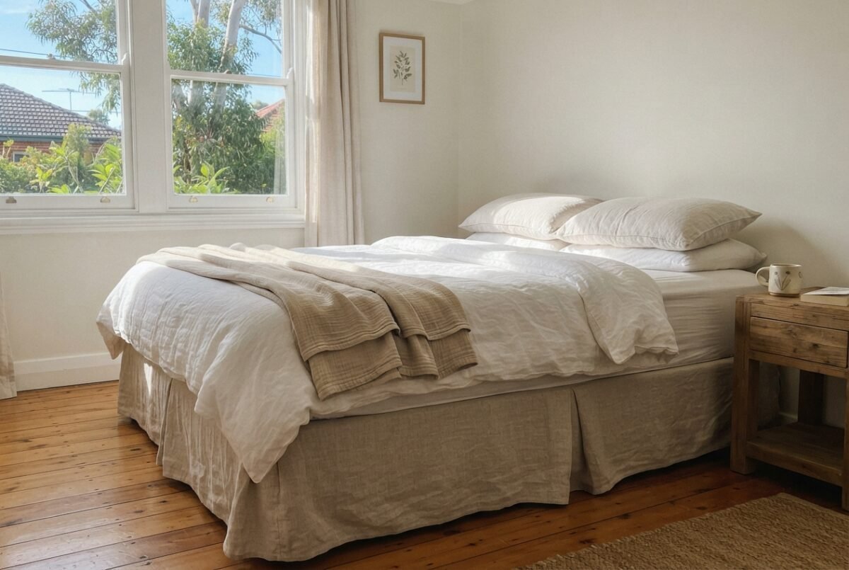 A neatly made bed with a neutral linen bed skirt in a sunlit Australian bedroom.
