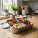 An open bento lunch box filled with fresh food on a kitchen bench, representing the best bento lunch box in Australia.