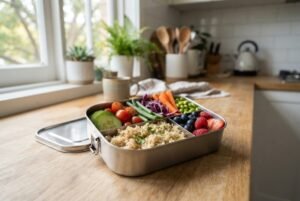 An open bento lunch box filled with fresh food on a kitchen bench, representing the best bento lunch box in Australia.