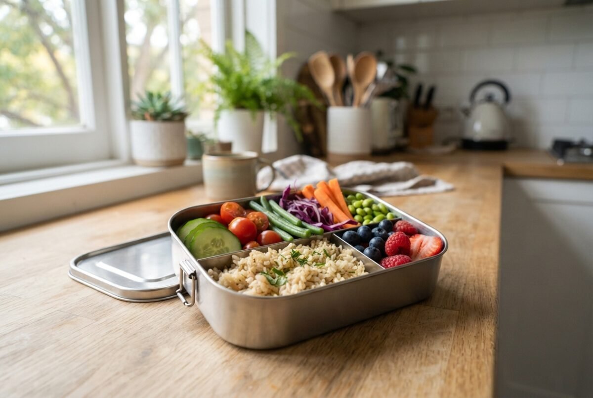 An open bento lunch box filled with fresh food on a kitchen bench, representing the best bento lunch box in Australia.