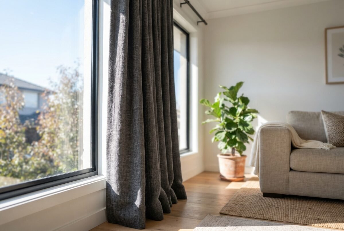 Close up of high quality charcoal blackout curtains hanging in a bright Australian home living room