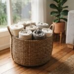 A woven seagrass blanket basket filled with throws in a sunny Australian living room.