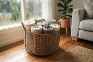 A woven seagrass blanket basket filled with throws in a sunny Australian living room.
