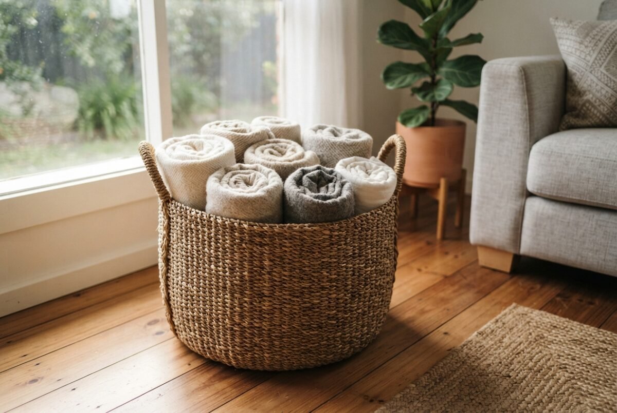 A woven seagrass blanket basket filled with throws in a sunny Australian living room.