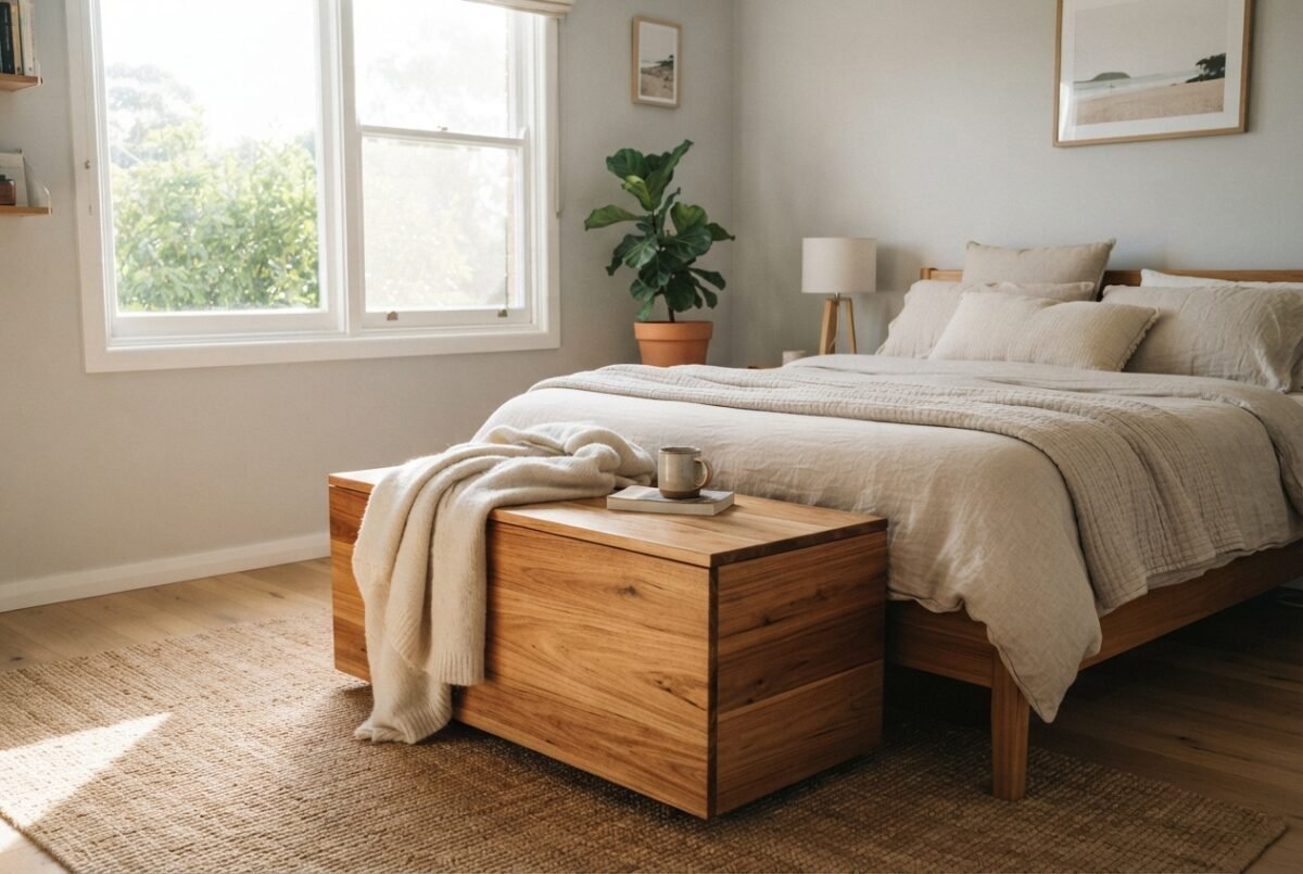 A stylish timber blanket box in a sunlit Australian bedroom representing the best blanket box australia options.