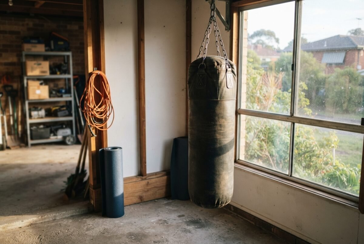 A heavy boxing bag hanging in a bright Australian home gym setting representing the best boxing bag australia options.
