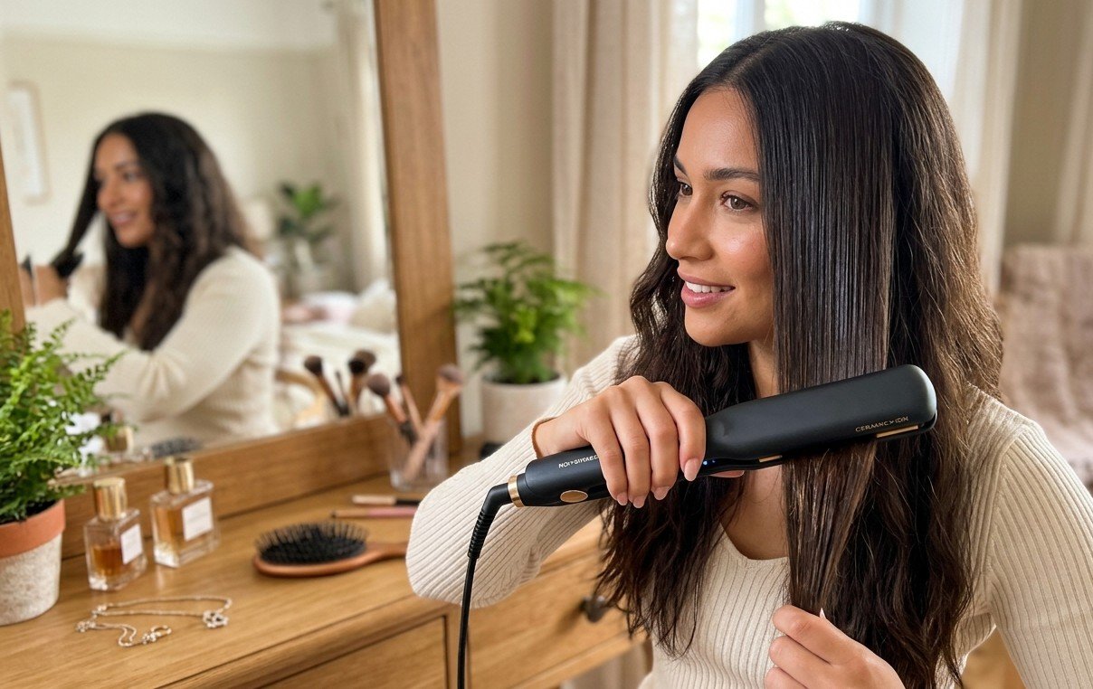 Girl using Hair Straightener