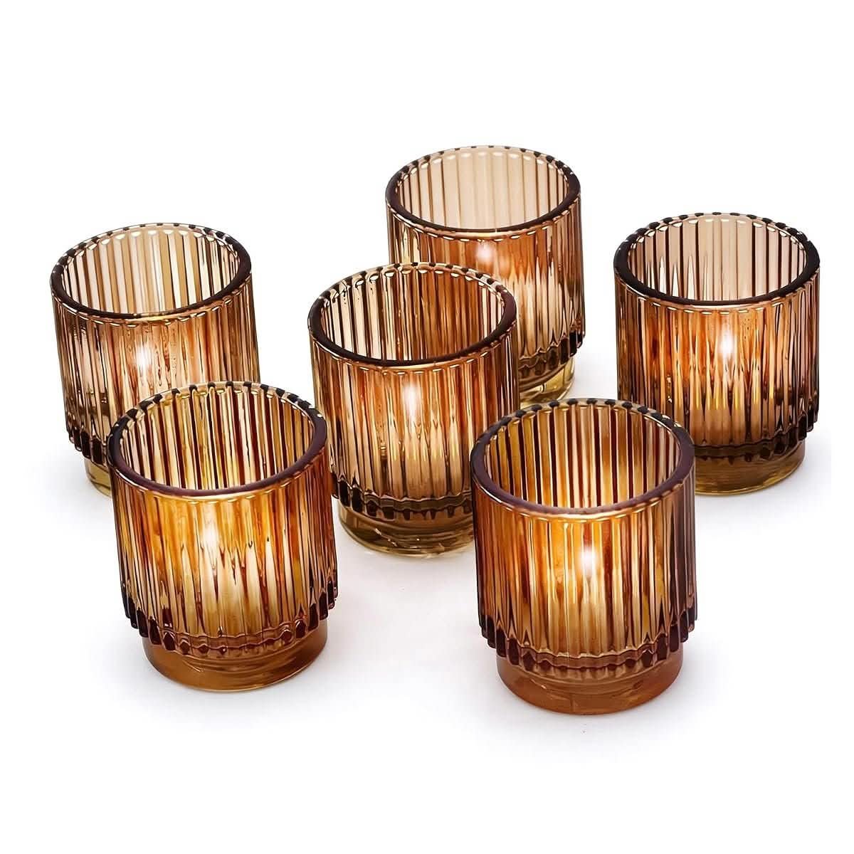 Amber Ribbed Glass Tealight Set
