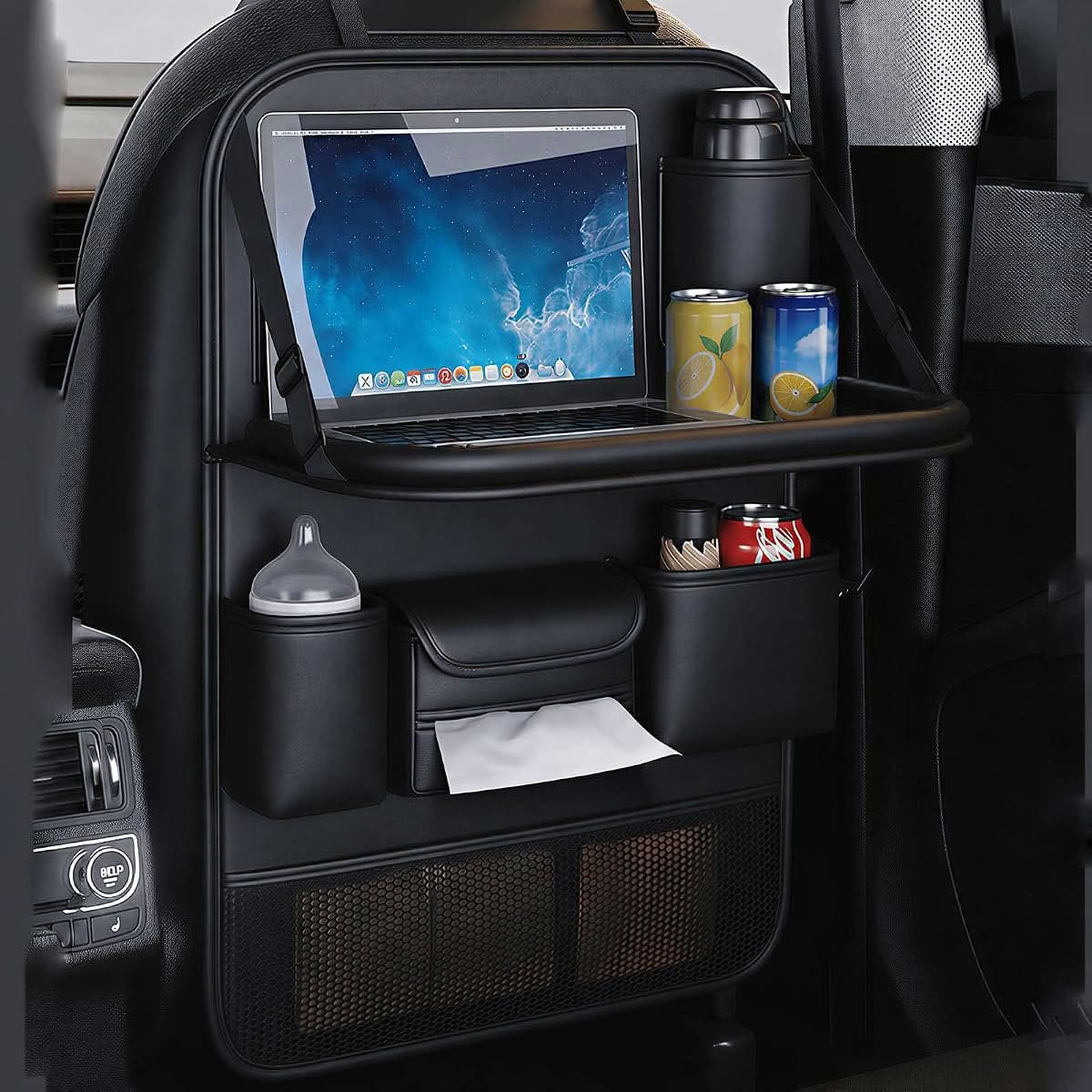 Premium PU leather car seat organiser with foldable tray table