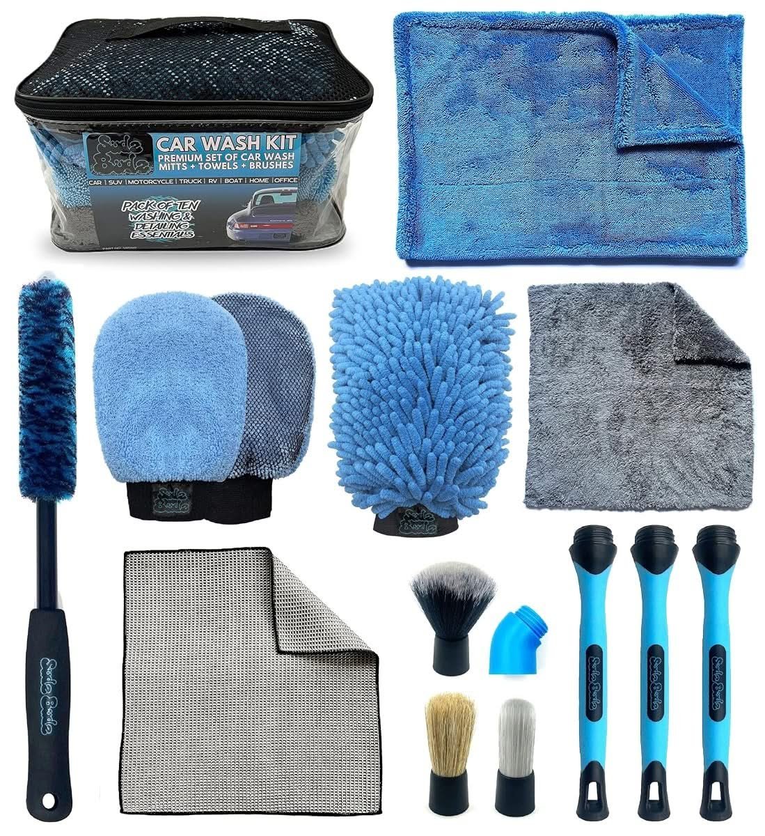 Premium 10-piece car wash kit with mitt, towels and brushes