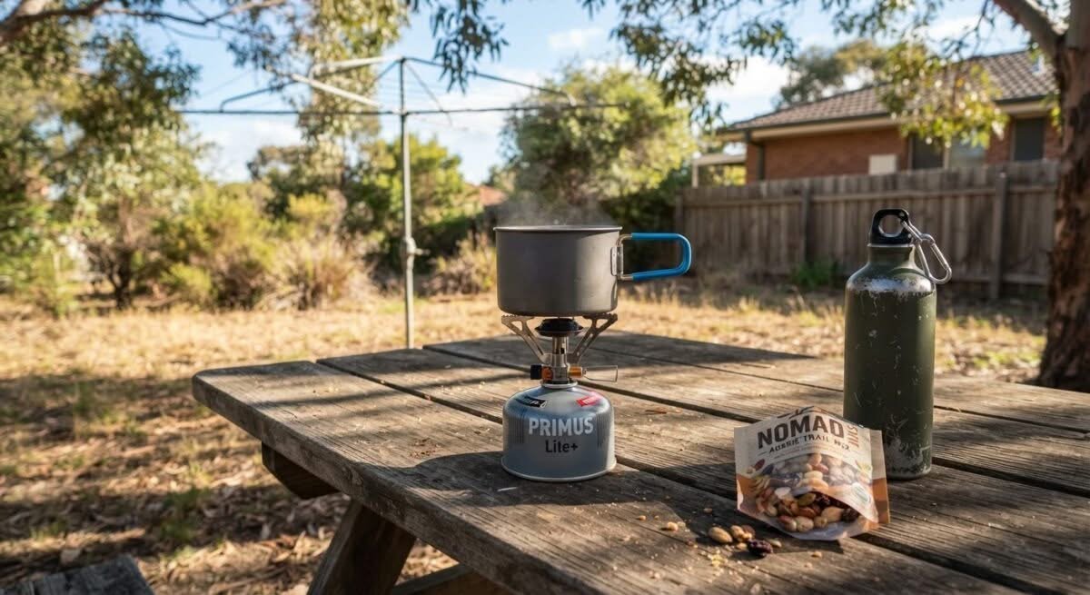 A person's hand holding the best camping stove in Australia on a picnic table, ready for outdoor cooking.