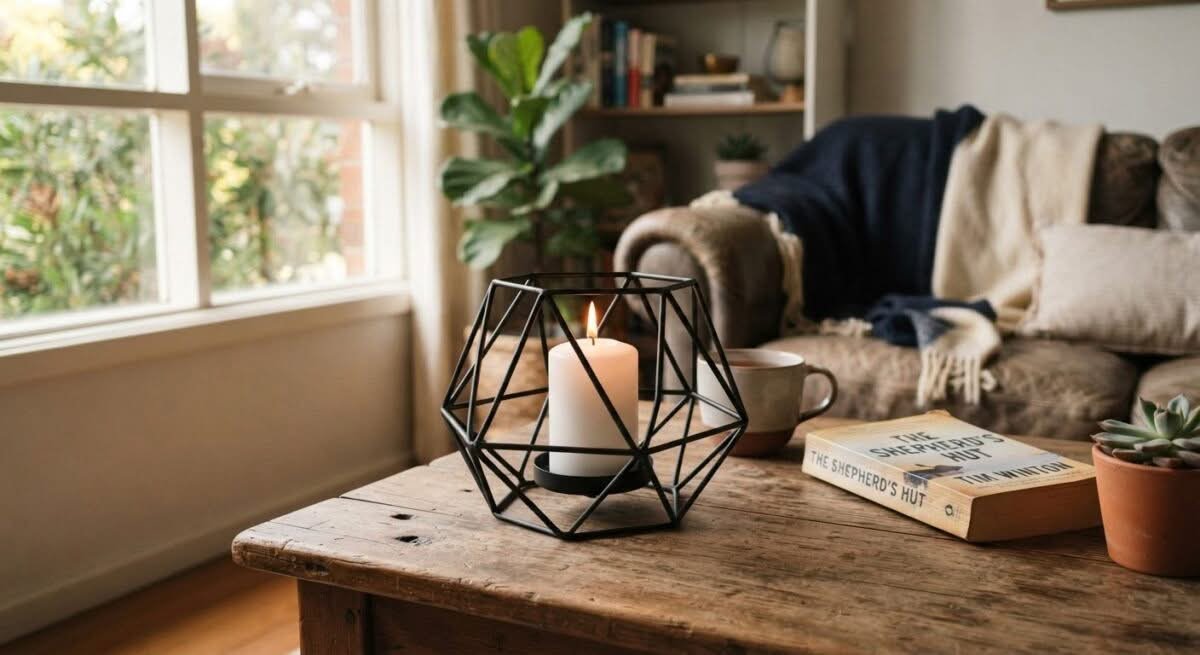 Close-up smartphone photo of a top-rated candle holder, showcasing its design on a wooden table in an Australian home setting.