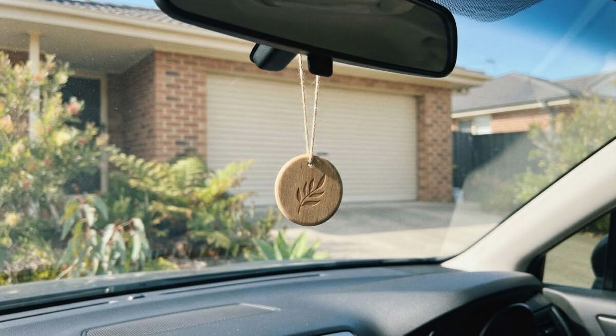 A car air freshener, one of the best car air fresheners in Australia, hanging from a rearview mirror.