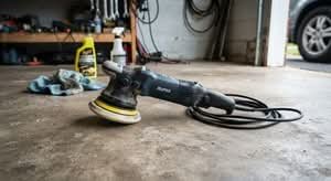 A top car polisher for sale in Australia, shown in a realistic garage setting.