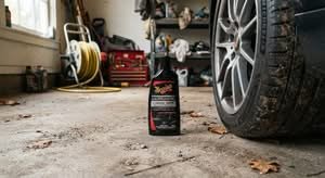 A bottle of the best car wax Australia has to offer, ready for use on a car in a garage.