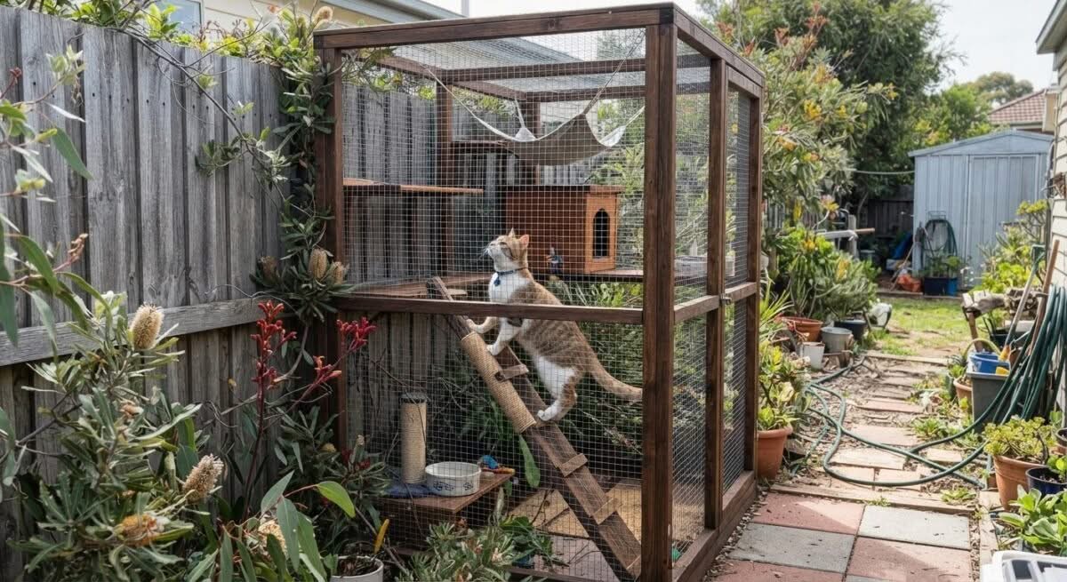 A cat happily playing in one of the best cat enclosures Australia has to offer, captured in a candid outdoor shot.