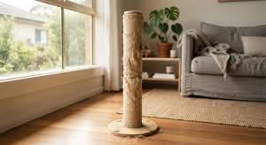 A modern cat scratcher, a top choice among best cat scratchers in Australia, shown in a typical home setting.