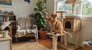 A modern cat tree, one of the best cat tree Australia options, in a home with a cat playing on it.