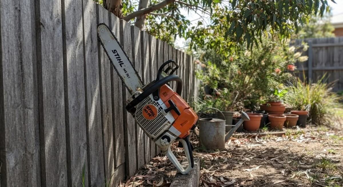 A powerful chainsaw, one of the best chainsaws in Australia, pictured in a typical backyard setting.