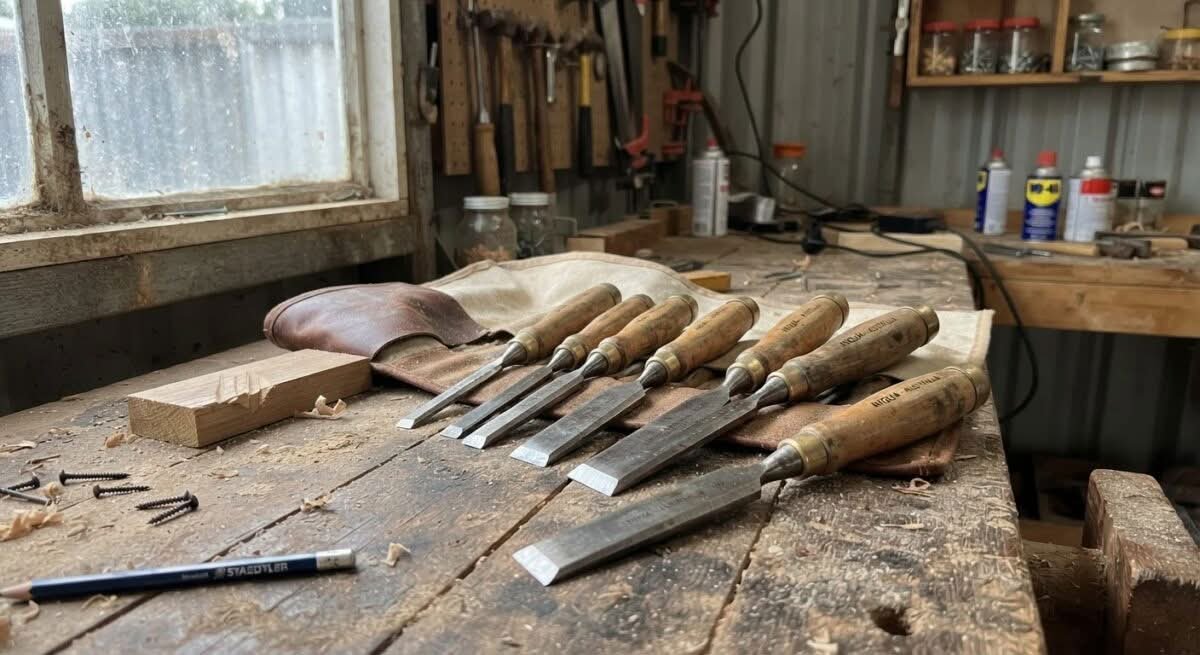 Close-up of the best chisel set Australia has to offer, laid out on a workbench.