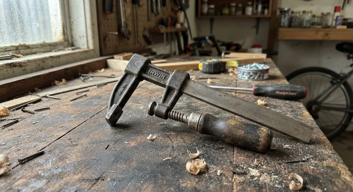 Close-up of the best clamps available in Australia, showcasing their sturdy design on a workbench.