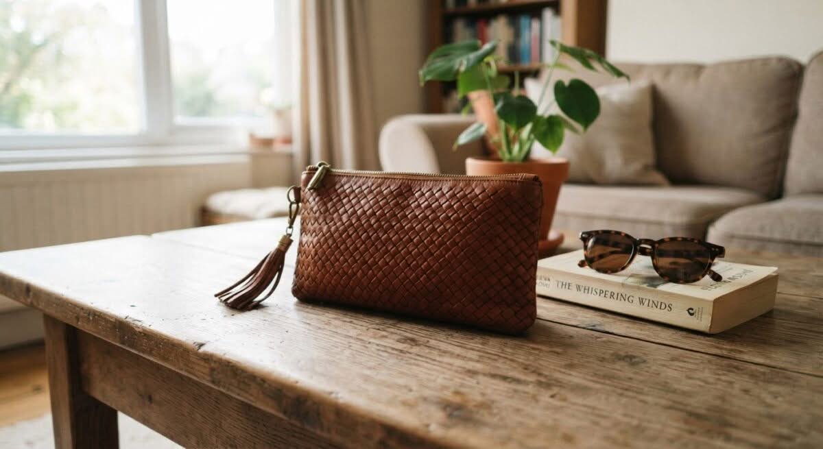 A stylish clutch bag, considered one of the best clutch bags in Australia, shown in a candid lifestyle photo.