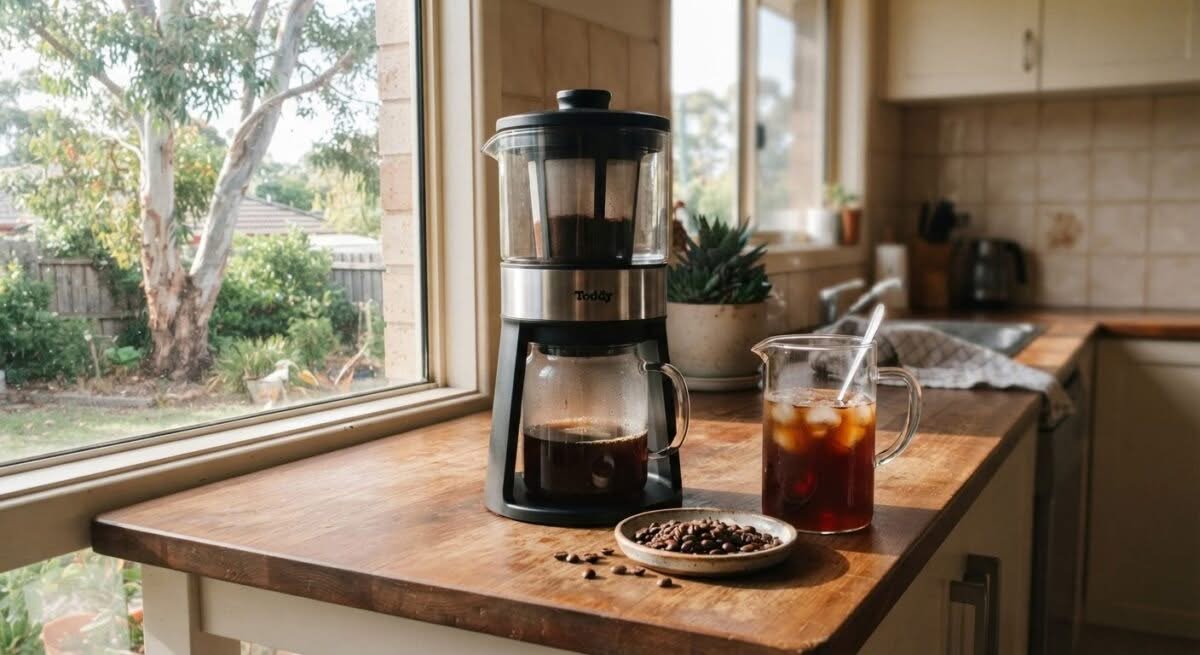 A top-rated cold brew coffee maker in an Australian home kitchen, showcasing the best cold brew coffee maker Australia has to offer.