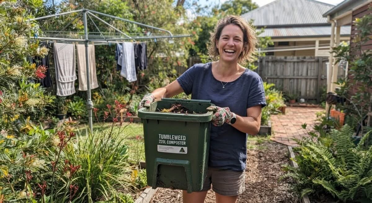 Close-up candid smartphone photo of the best compost bin in Australia, set in a sunny backyard.