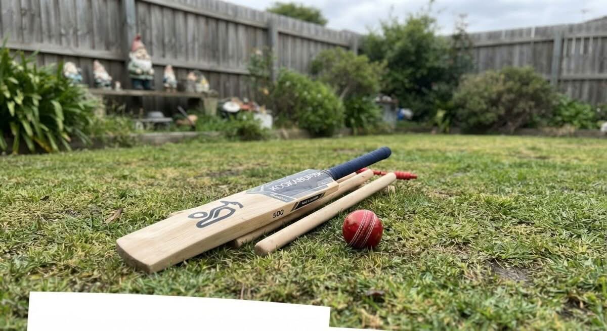 Close-up smartphone photo of a new cricket set, highlighting the best cricket set Australia has to offer for backyard fun.