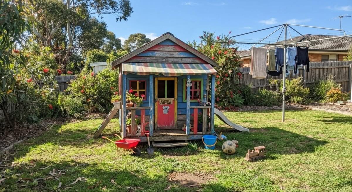 A child's wooden cubby house, showcasing some of the best cubby houses in Australia available for backyards.