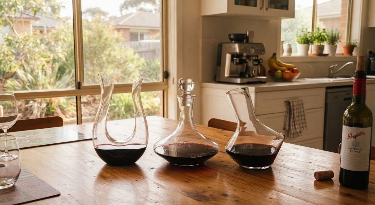 A selection of the best decanters Australia has to offer, displayed on a wooden table.