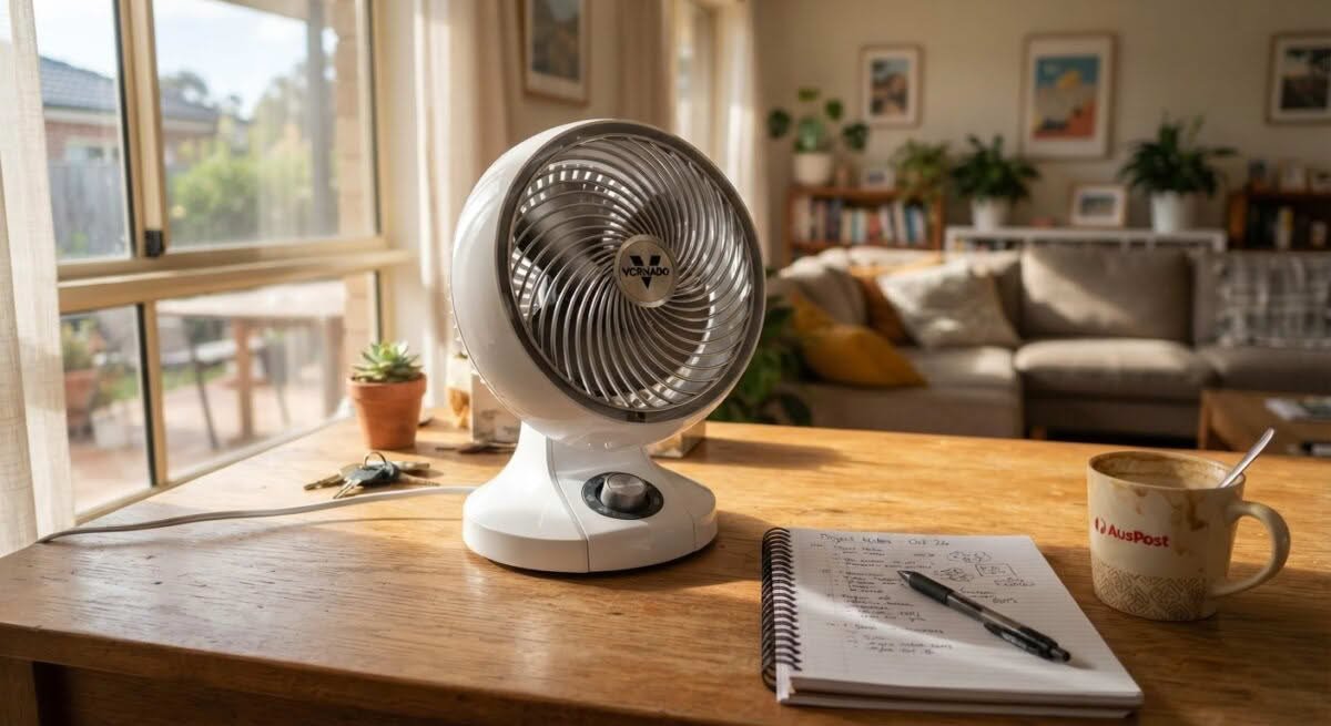Close-up candid shot of the best desk fans in Australia on a home office desk.
