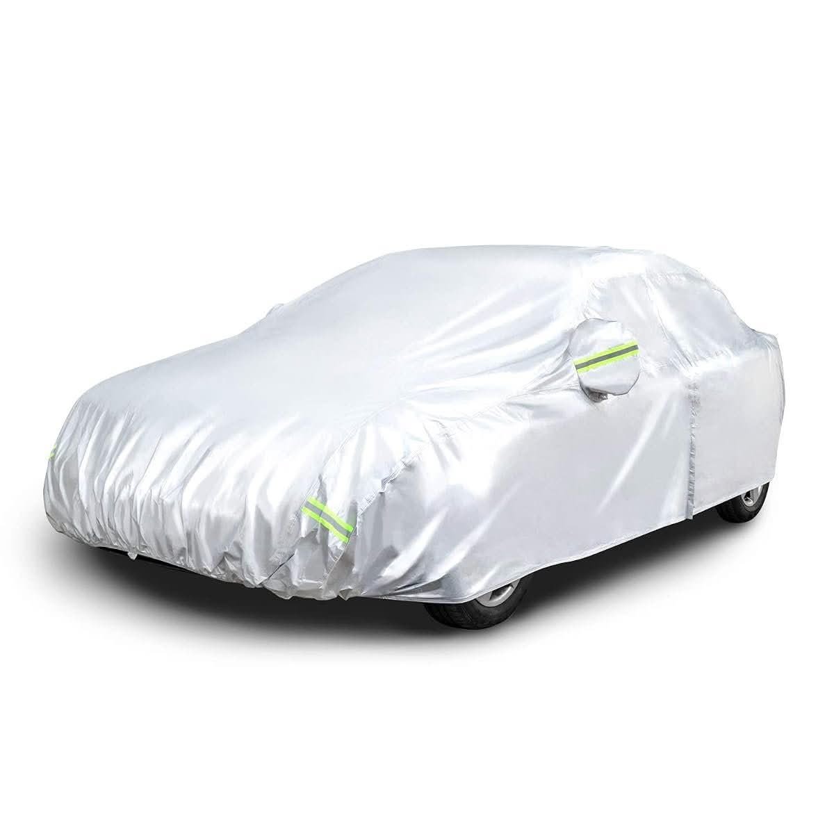 Amazon Basics silver weatherproof car cover on a sedan