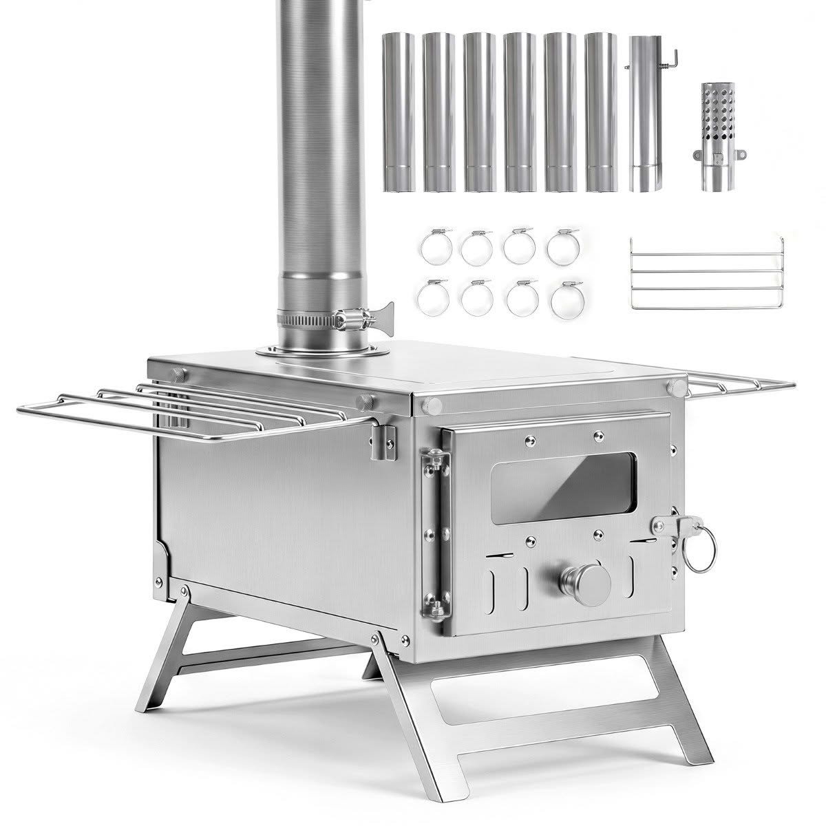 Portable wood-burning tent stove with chimney pipe for winter camping