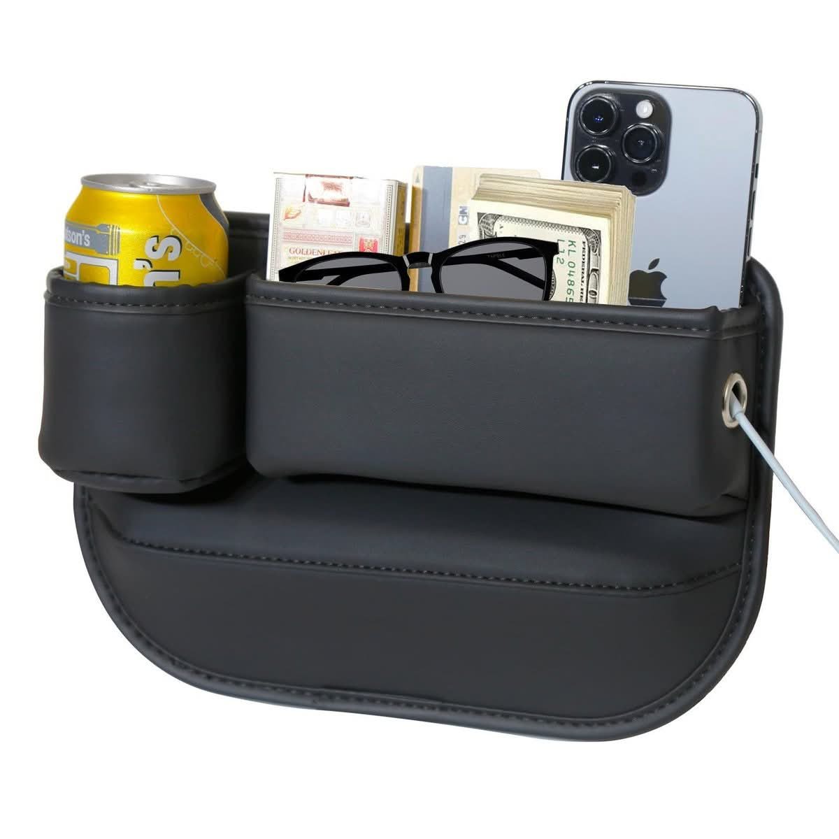 Car seat gap filler organiser with cup holders installed beside a front seat