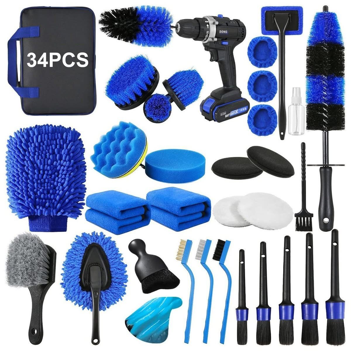 34-piece car detailing brush set for interior and exterior