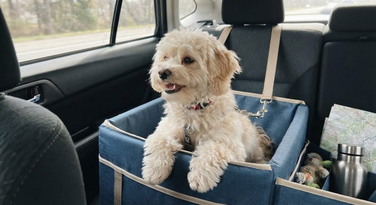 A dog happily sits in a dog car booster seat australia, ready for a ride.