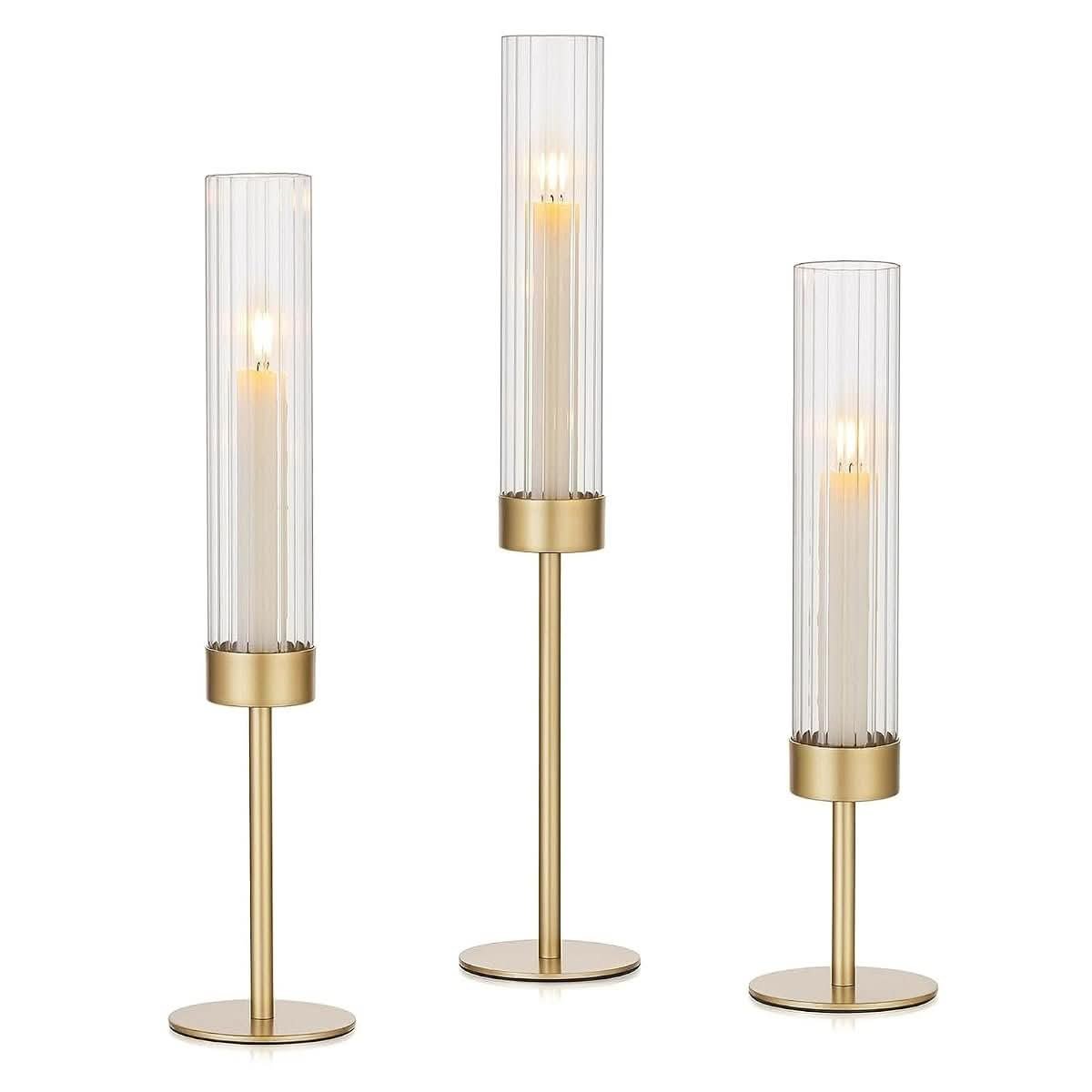 Gold-Rimmed Hurricane Candle Holder Trio
