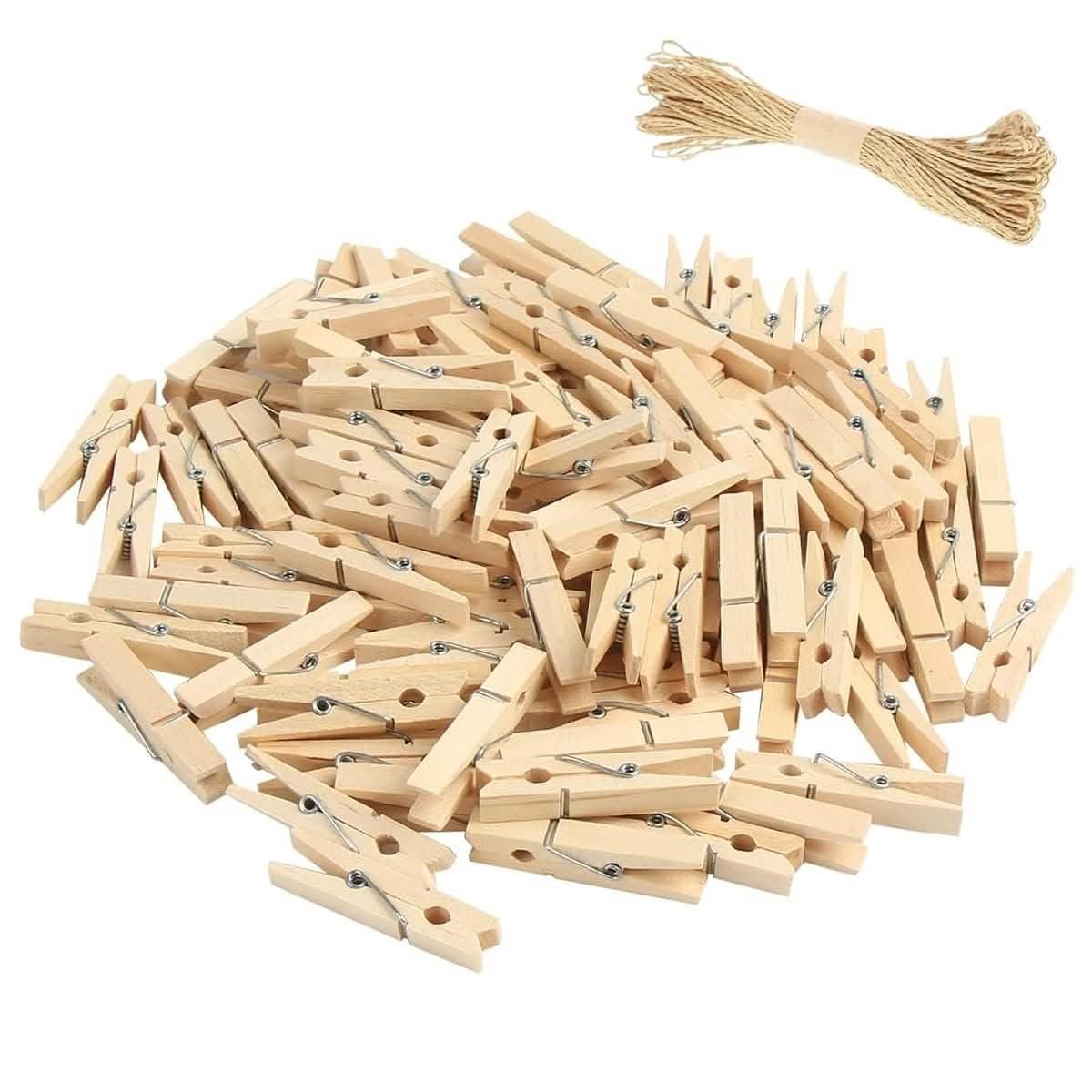Wooden mini clothes pegs 100 pack with jute twine